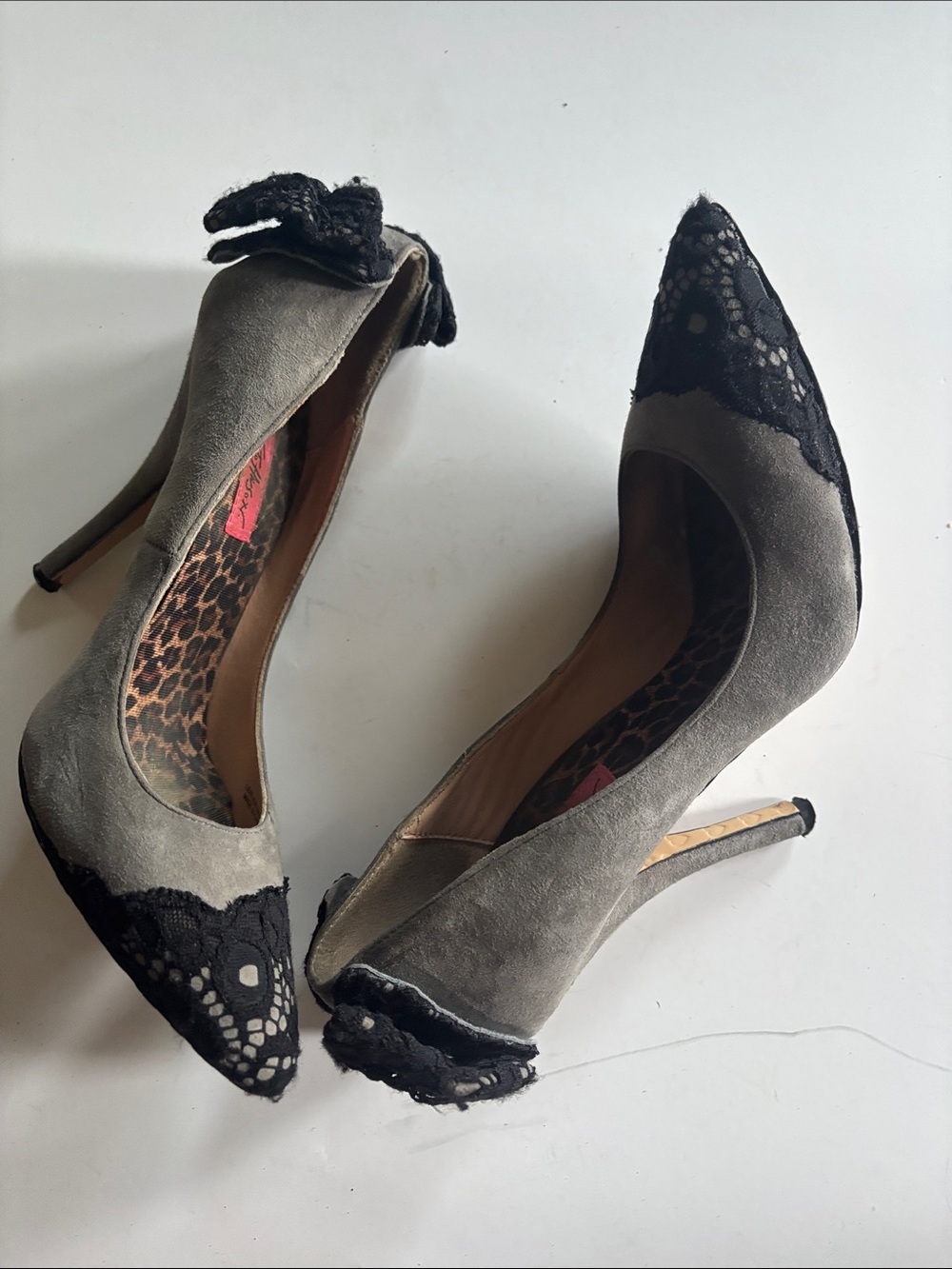 Betsey Johnson Taupe Suede Pointed Toe Pumps with Black Lace Bow Accent